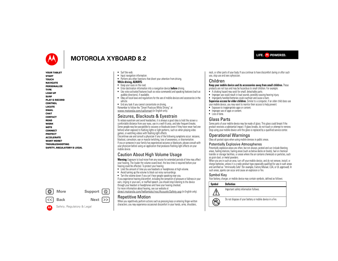 Motorola 8.2 manual Seizures, Blackouts & Eyestrain, Repetitive Motion, Children, Glass Parts, Operational Warnings 