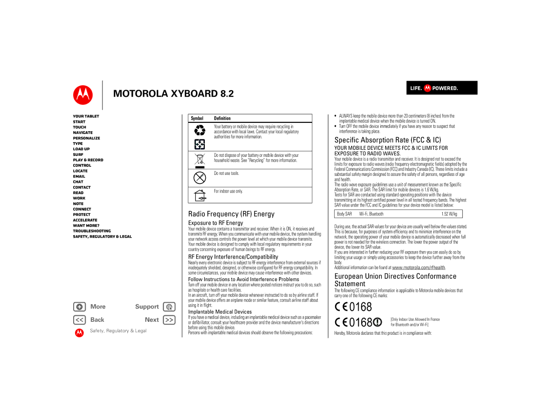 Motorola 8.2 Radio Frequency RF Energy, Specific Absorption Rate FCC & IC, European Union Directives Conformance Statement 