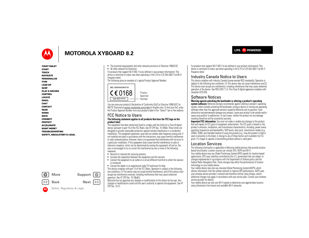 Motorola 8.2 manual FCC Notice to Users, Industry Canada Notice to Users, Software Notices, Location Services 