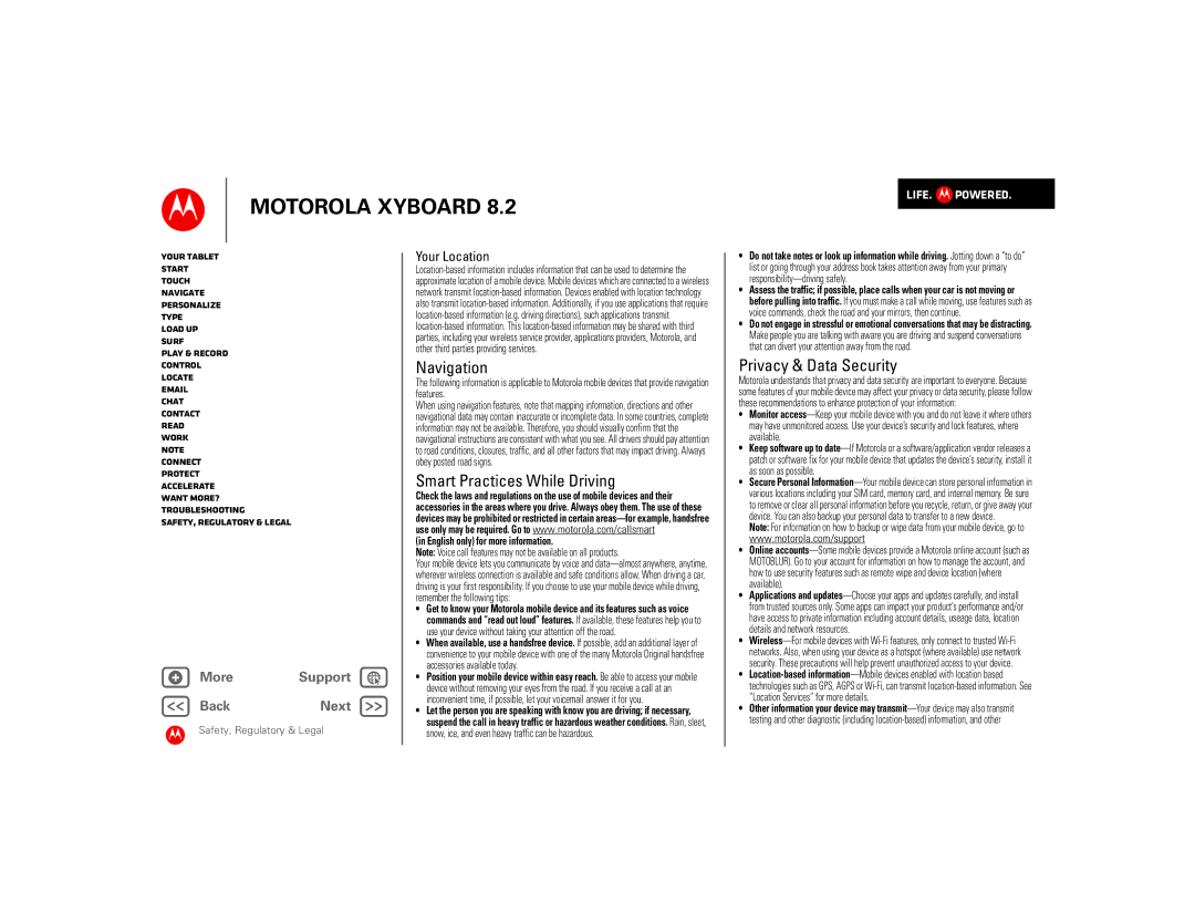 Motorola 8.2 manual Navigation, Smart Practices While Driving, Privacy & Data Security, Your Location 