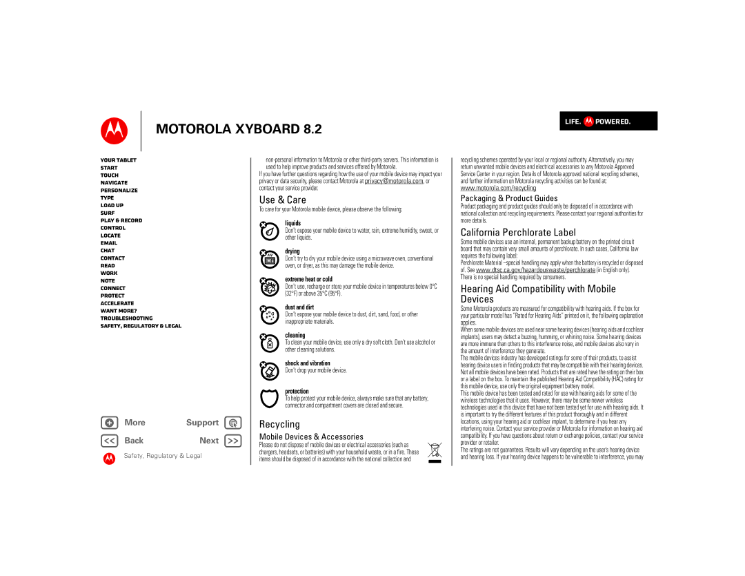 Motorola 8.2 manual Use & Care, Recycling, California Perchlorate Label, Hearing Aid Compatibility with Mobile Devices 