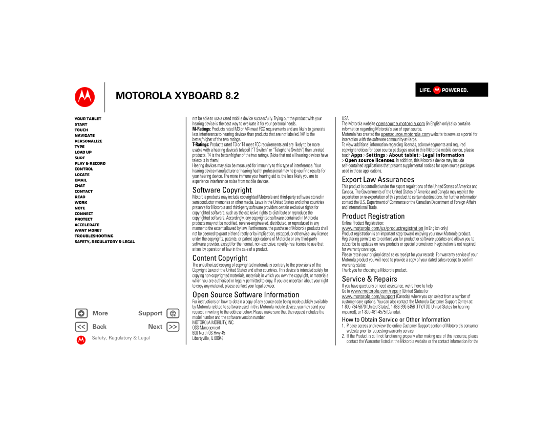 Motorola 8.2 manual Software Copyright, Content Copyright, Open Source Software Information, Export Law Assurances 