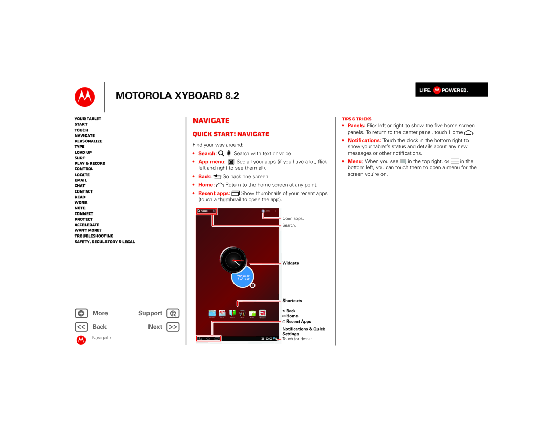 Motorola 8.2 manual Quick start Navigate, Widgets, Shortcuts Back Home, Recent Apps Notifications & Quick Settings 