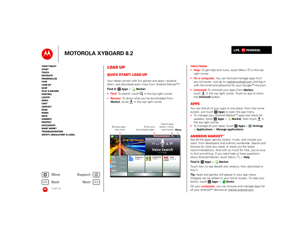 Motorola 8.2 manual Quick start Load up, Apps, Android Market 