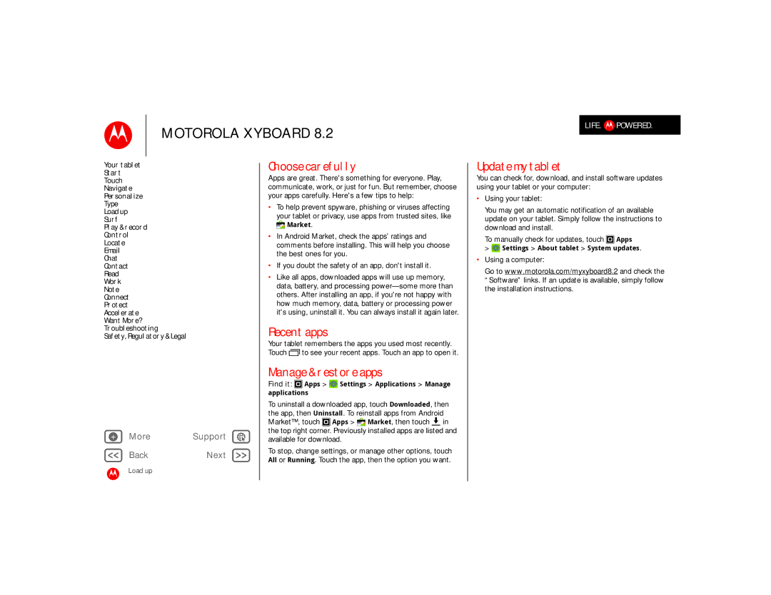 Motorola 8.2 manual Choose carefully, Recent apps, Manage & restore apps, Update my tablet, Using a computer 