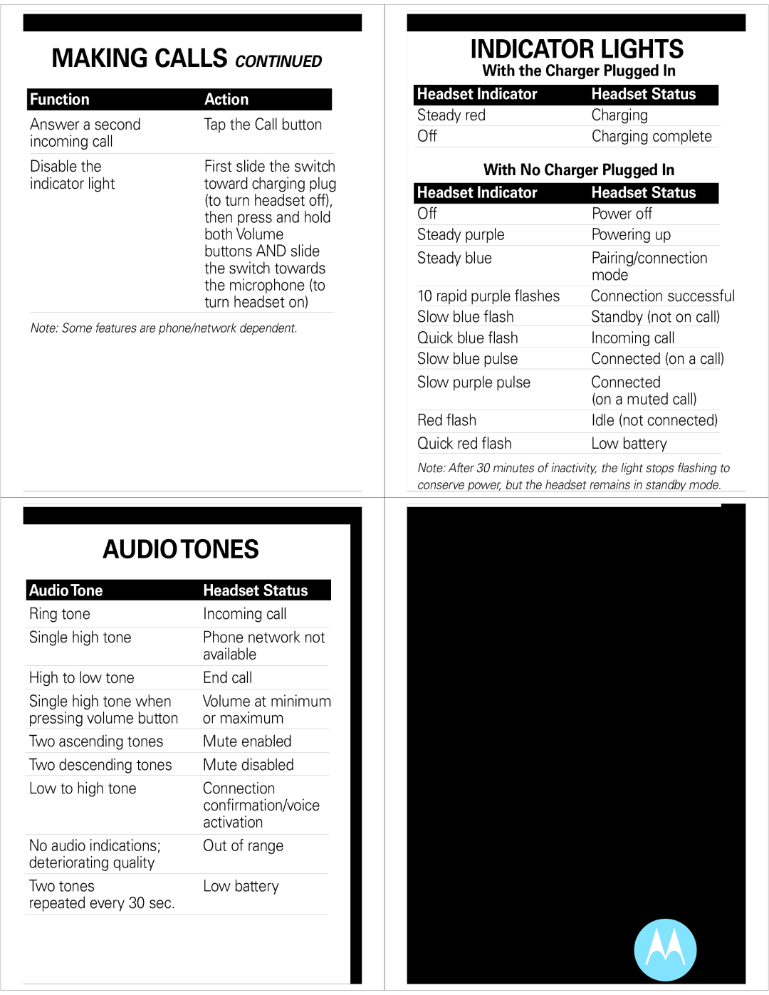 Motorola 89182N, H680 Making Calls Indicator Lights, Audio Tones, Headset Indicator Headset Status Function Action 
