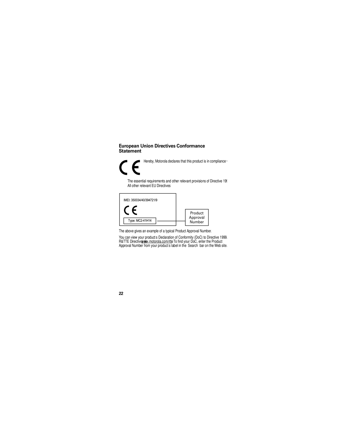 Motorola 89345N European Union Directives Conformance Statement, All other relevant EU Directives Product Approval Number 