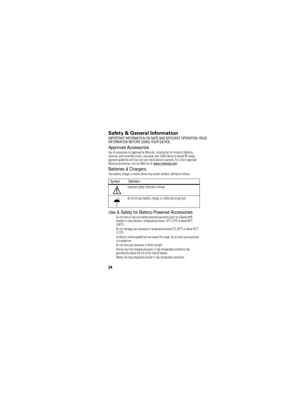 Motorola 89345N, T325 quick start Safety & General Information, Approved Accessories Batteries & Chargers, Symbol Definition 