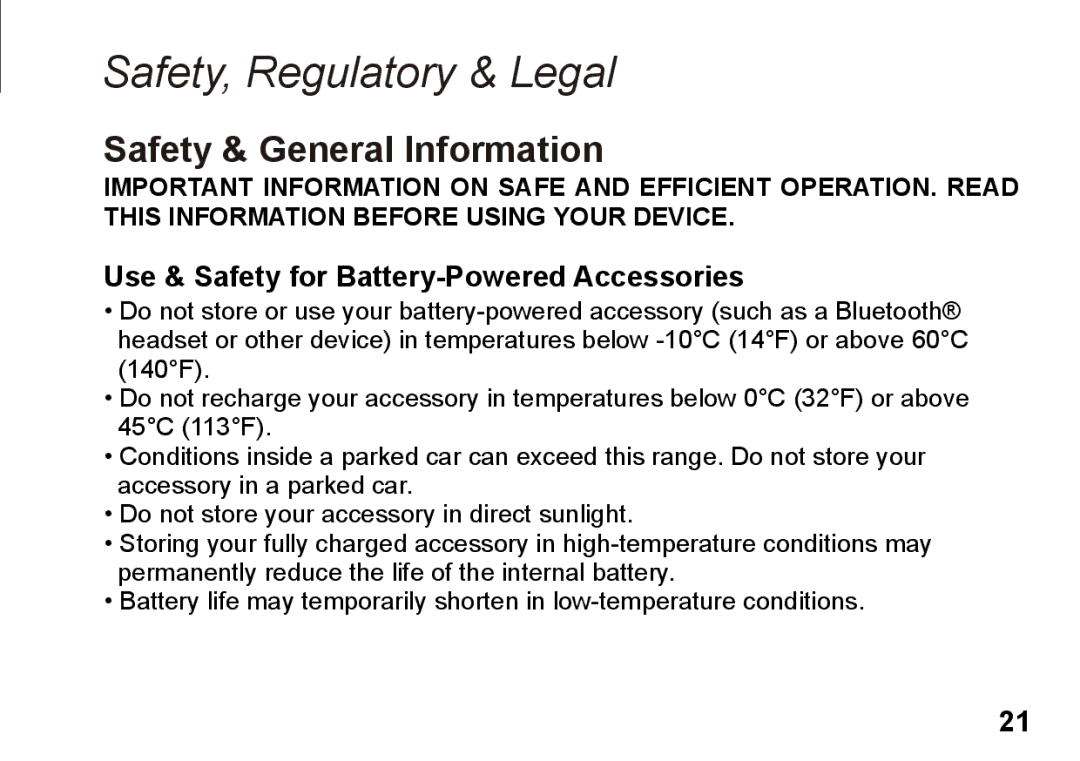 Motorola 89419n manual Safety, Regulatory & Legal, Use & Safety for Battery-Powered Accessories 