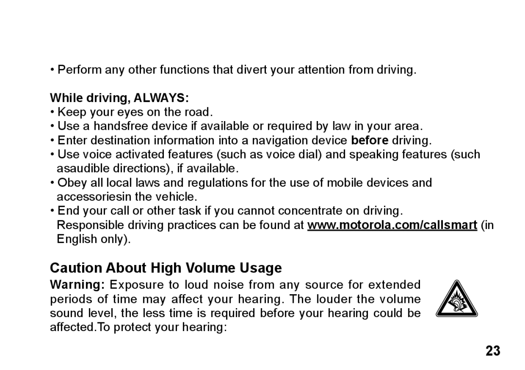 Motorola 89419n manual While driving, Always 