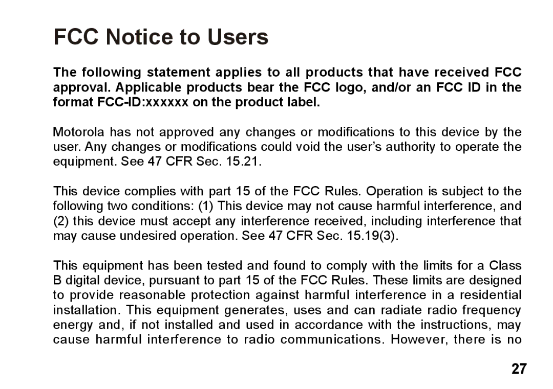 Motorola 89419n manual FCC Notice to Users 