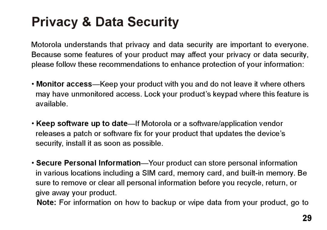 Motorola 89419n manual Privacy & Data Security 