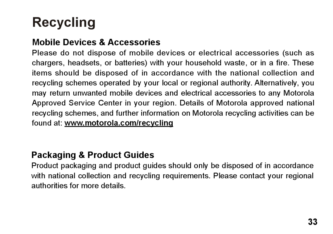 Motorola 89419n manual Recycling, Mobile Devices & Accessories Packaging & Product Guides 