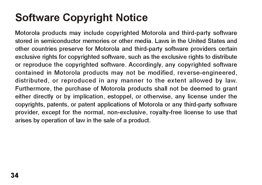 Motorola 89419n manual Software Copyright Notice 