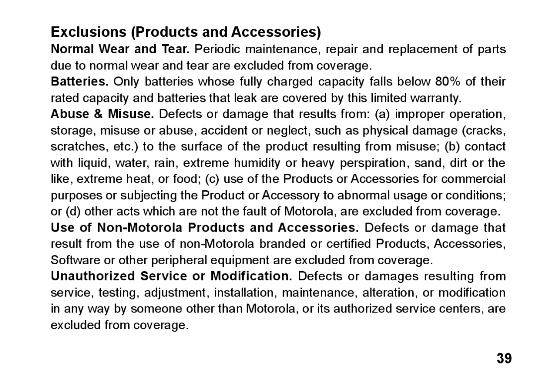 Motorola 89419n manual Exclusions Products and Accessories 