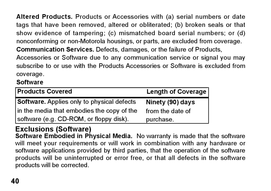 Motorola 89419n manual Exclusions Software 