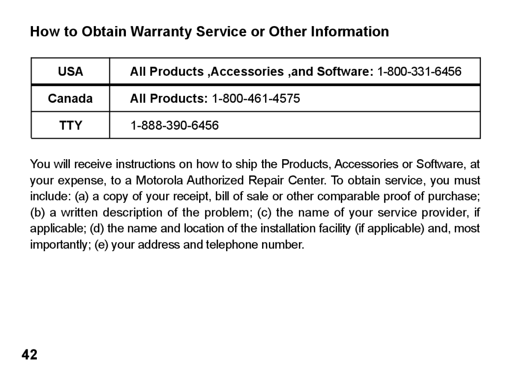 Motorola 89419n manual How to Obtain Warranty Service or Other Information, Tty 