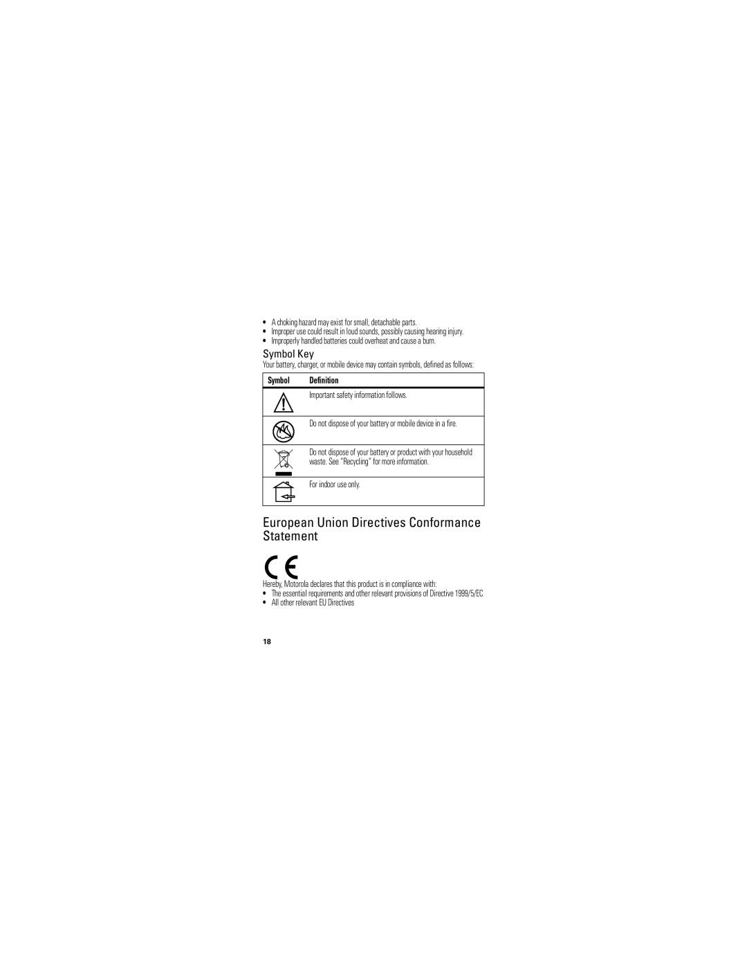 Motorola 89421n European Union Directives Conformance Statement, Symbol Key, Symbol Definition, For indoor use only 