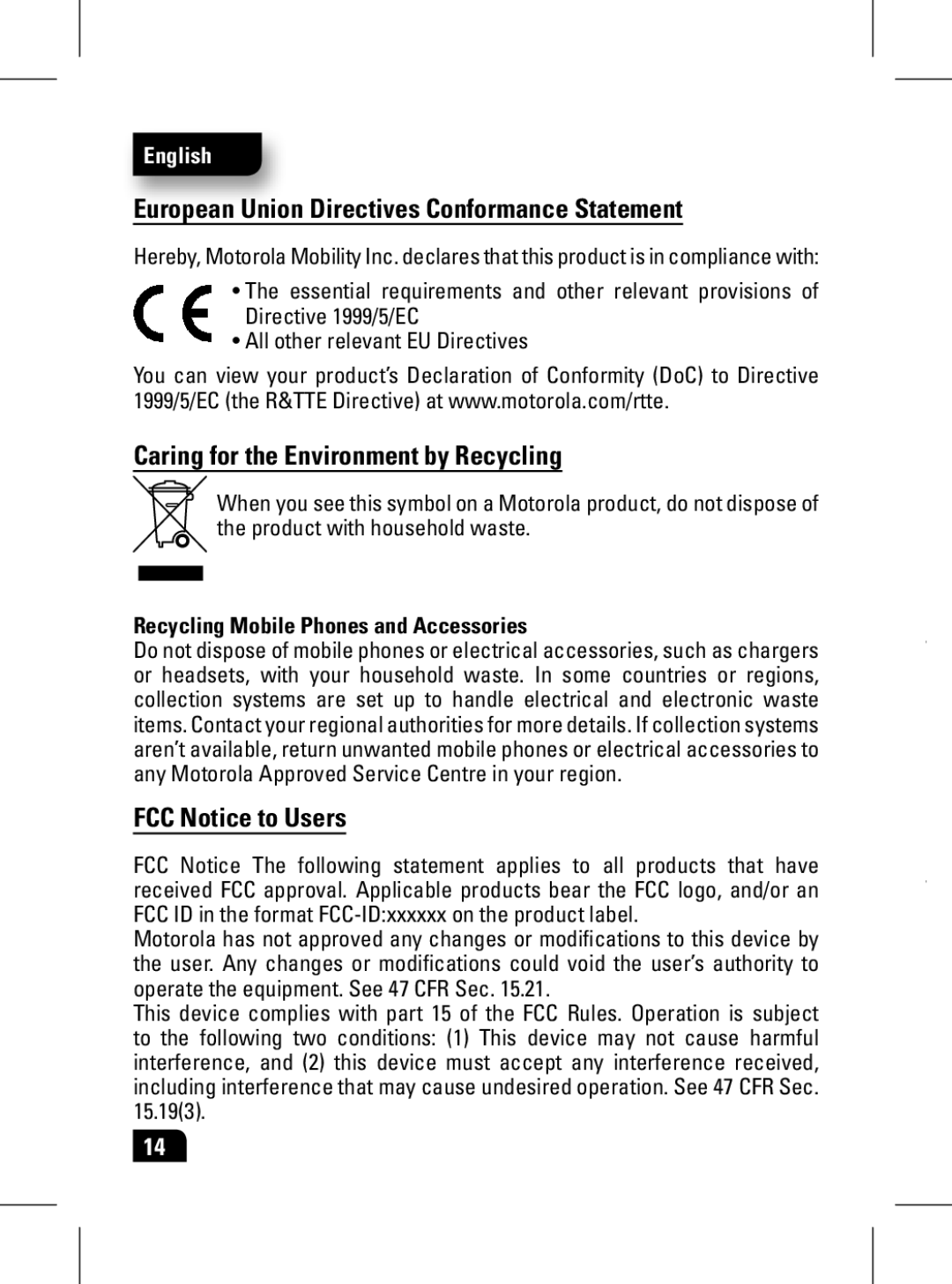 Motorola 89439N manual European Union Directives Conformance Statement, Caring for the Environment by Recycling 