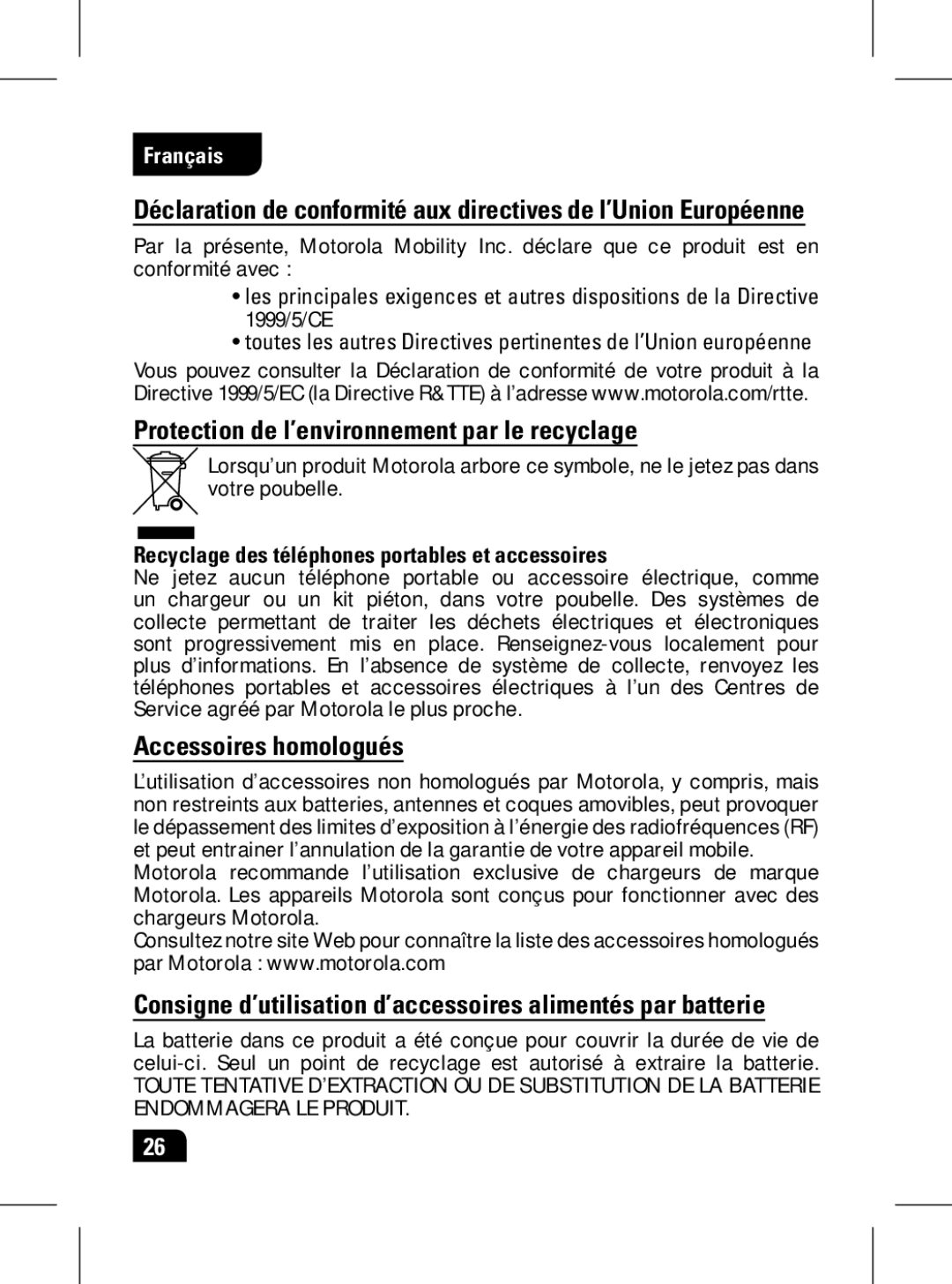 Motorola 89439N manual Protection de l’environnement par le recyclage, Accessoires homologués 