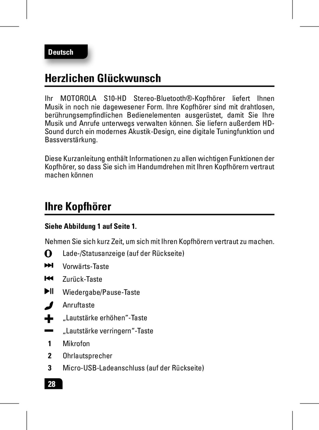 Motorola 89439N manual Herzlichen Glückwunsch, Ihre Kopfhörer, Siehe Abbildung 1 auf Seite 