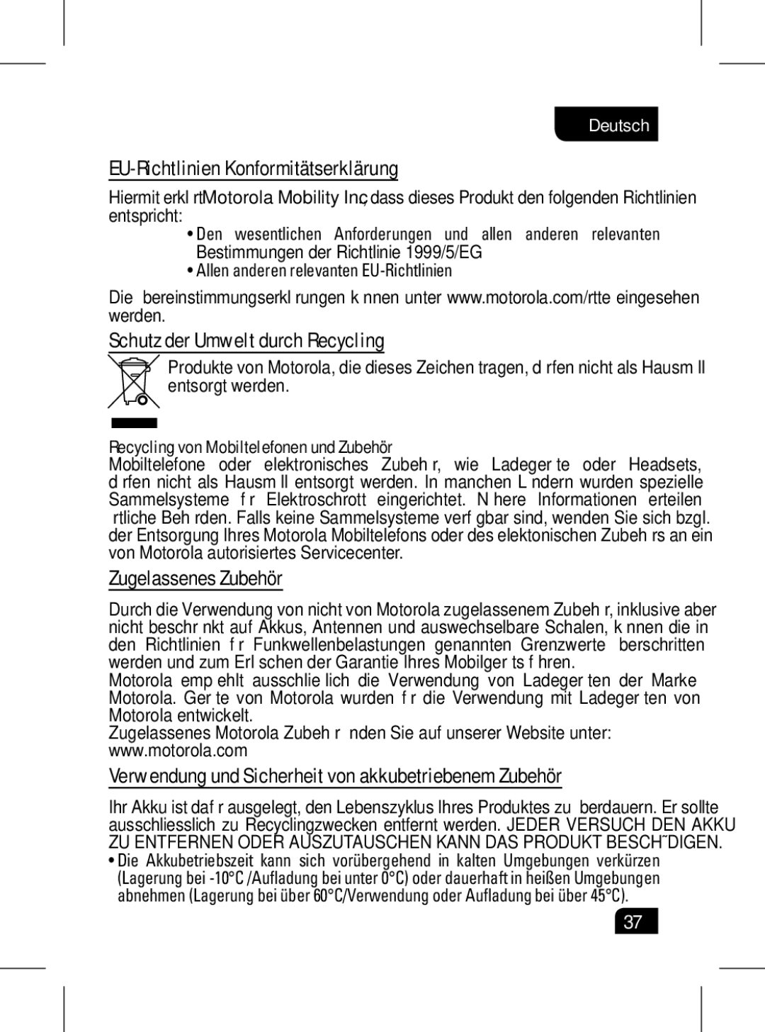 Motorola 89439N manual EU-Richtlinien Konformitätserklärung, Schutz der Umwelt durch Recycling, Zugelassenes Zubehör 