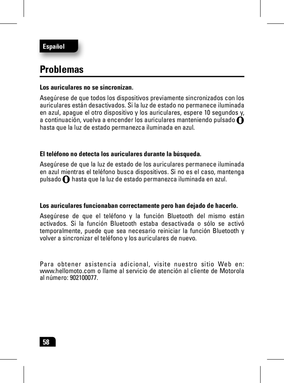 Motorola 89439N Problemas, Los auriculares no se sincronizan, El teléfono no detecta los auriculares durante la búsqueda 