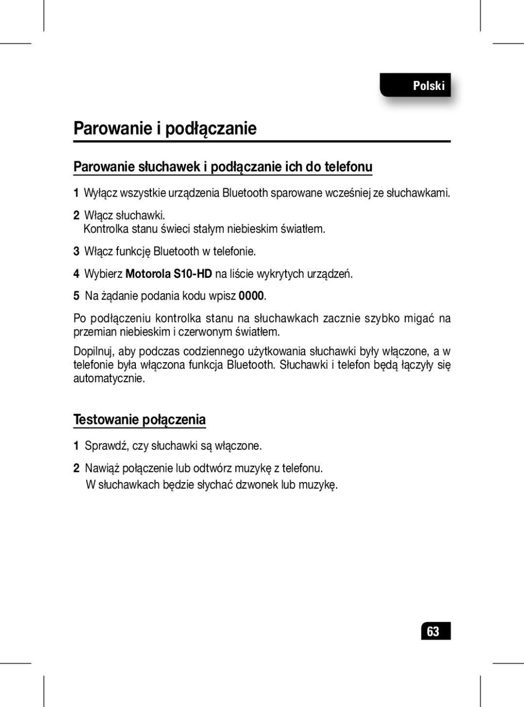 Motorola 89439N manual Parowanie i podłączanie, Parowanie słuchawek i podłączanie ich do telefonu, Testowanie połączenia 