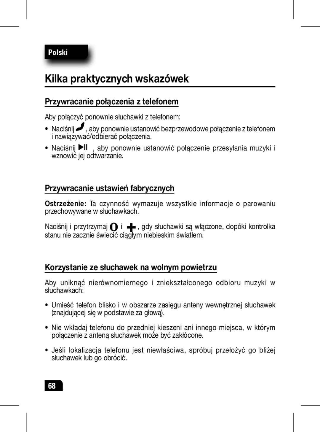 Motorola 89439N manual Kilka praktycznych wskazówek, Przywracanie połączenia z telefonem, Przywracanie ustawień fabrycznych 