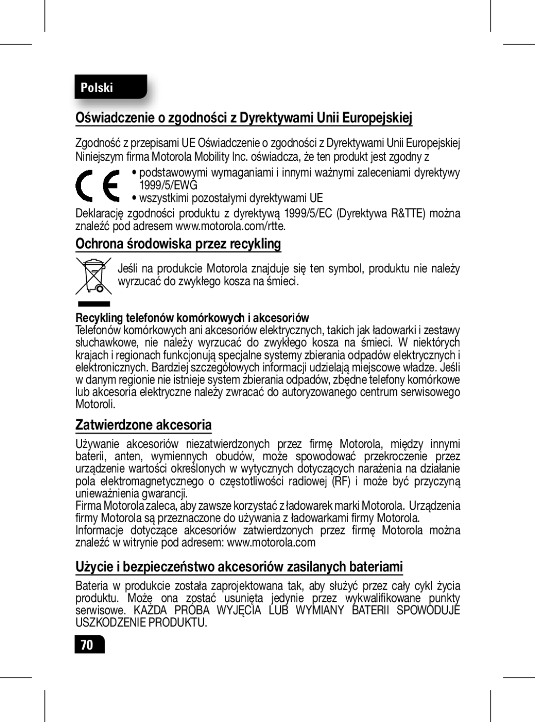 Motorola 89439N manual Oświadczenie o zgodności z Dyrektywami Unii Europejskiej, Ochrona środowiska przez recykling 
