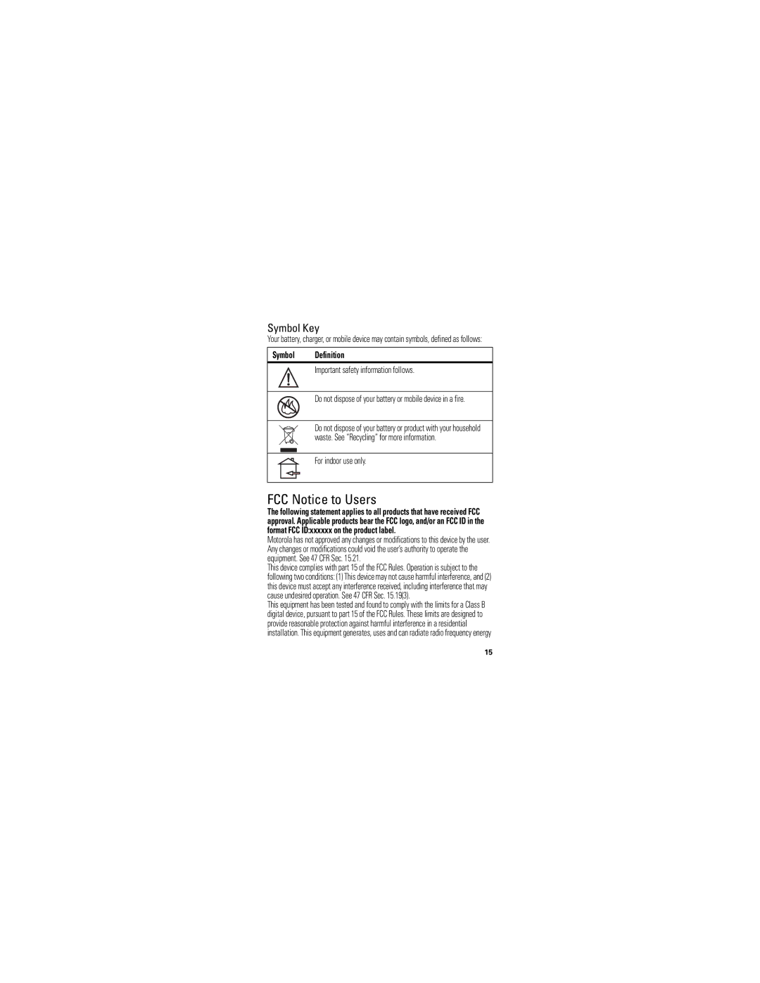 Motorola 89451N quick start FCC Notice to Users, Symbol Key, Symbol Definition, For indoor use only 