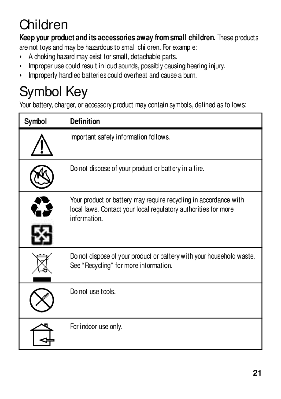 Motorola 89484N manual Children, Symbol Key, Symbol Definition 