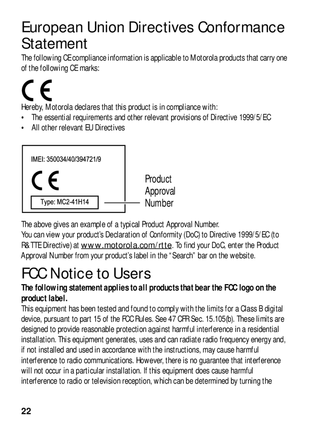 Motorola 89484N European Union Directives Conformance Statement, FCC Notice to Users, All other relevant EU Directives 