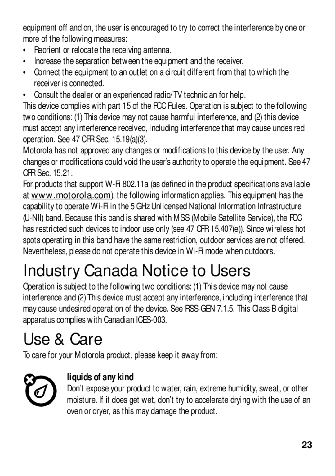 Motorola 89484N manual Industry Canada Notice to Users, Use & Care, Reorient or relocate the receiving antenna 