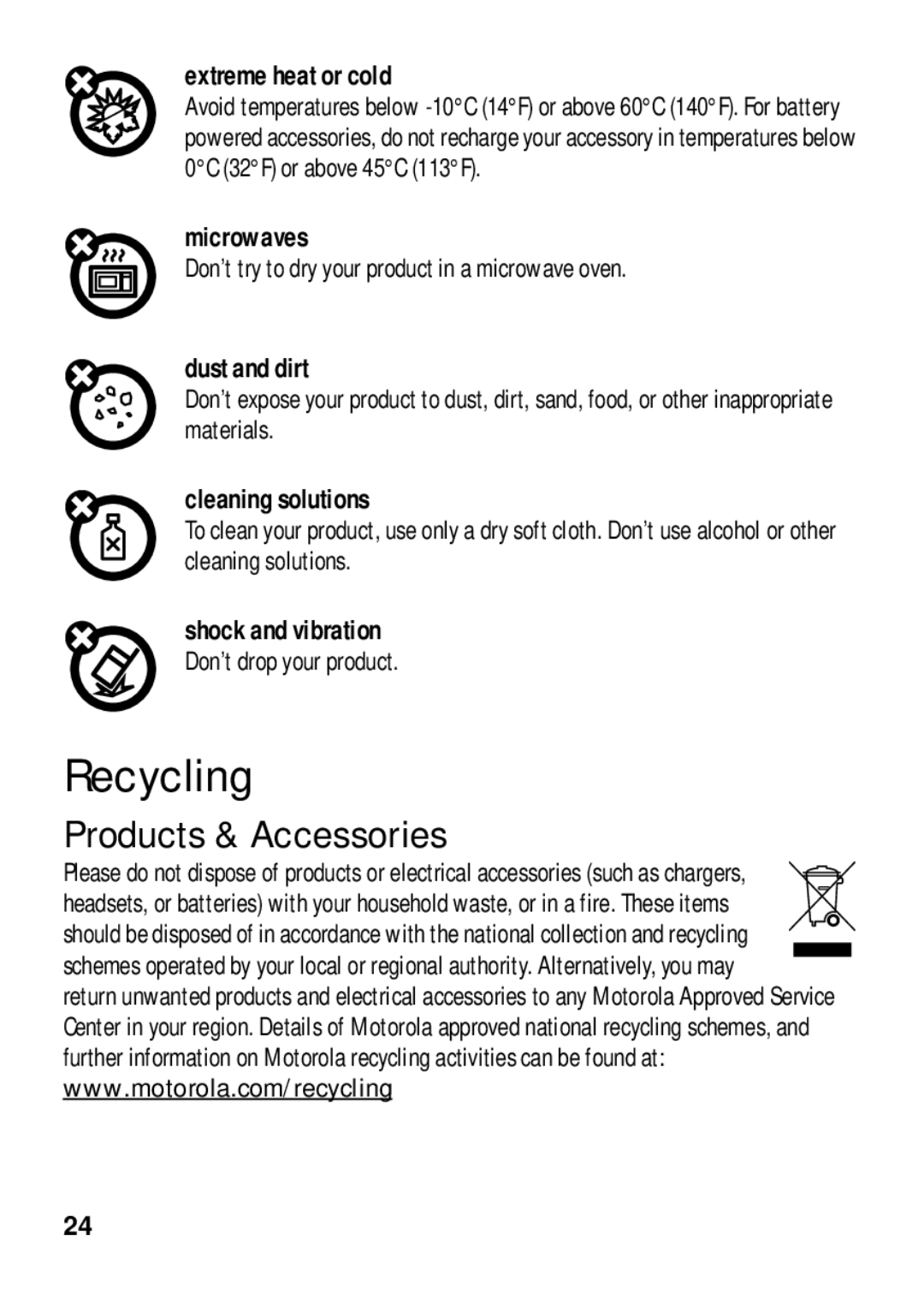 Motorola 89484N manual Recycling, Products & Accessories 