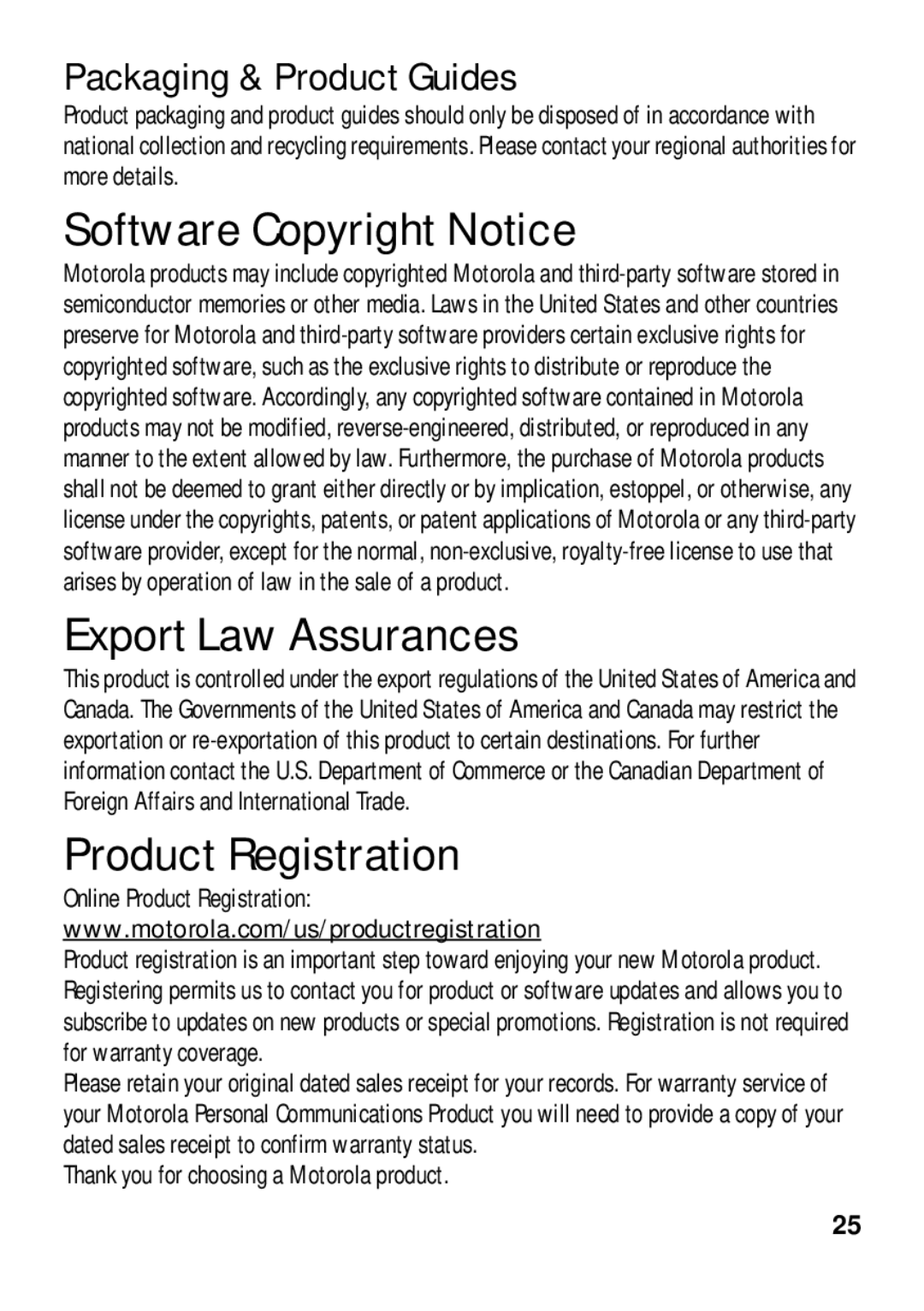 Motorola 89484N manual Software Copyright Notice, Export Law Assurances, Product Registration, Packaging & Product Guides 