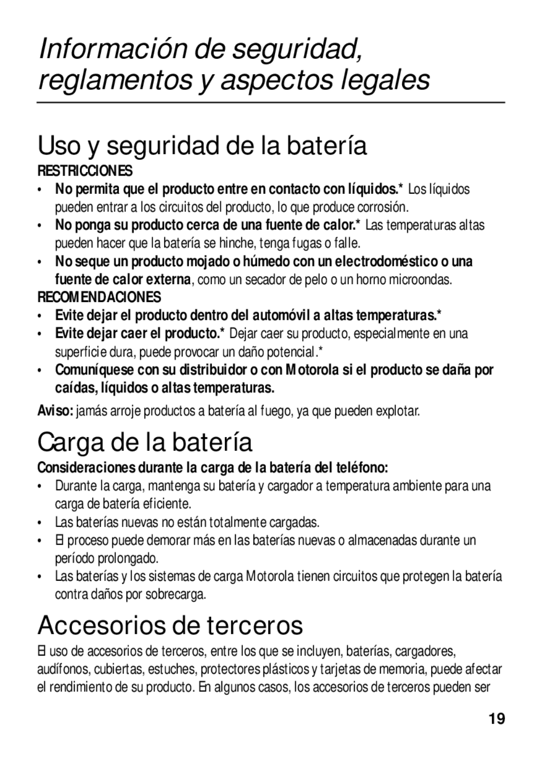 Motorola 89484N manual Uso y seguridad de la batería, Carga de la batería, Accesorios de terceros 