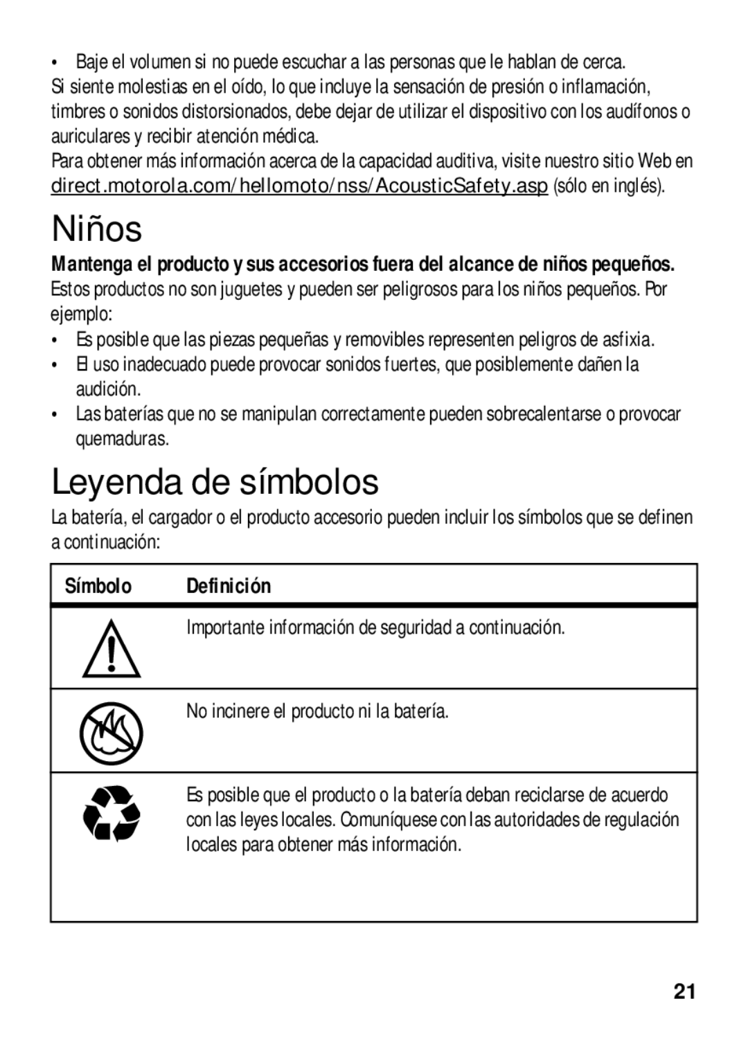 Motorola 89484N manual Niños, Leyenda de símbolos, Símbolo Definición, No incinere el producto ni la batería 