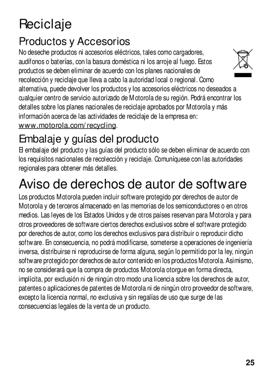 Motorola 89484N Reciclaje, Aviso de derechos de autor de software, Productos y Accesorios Embalaje y guías del producto 