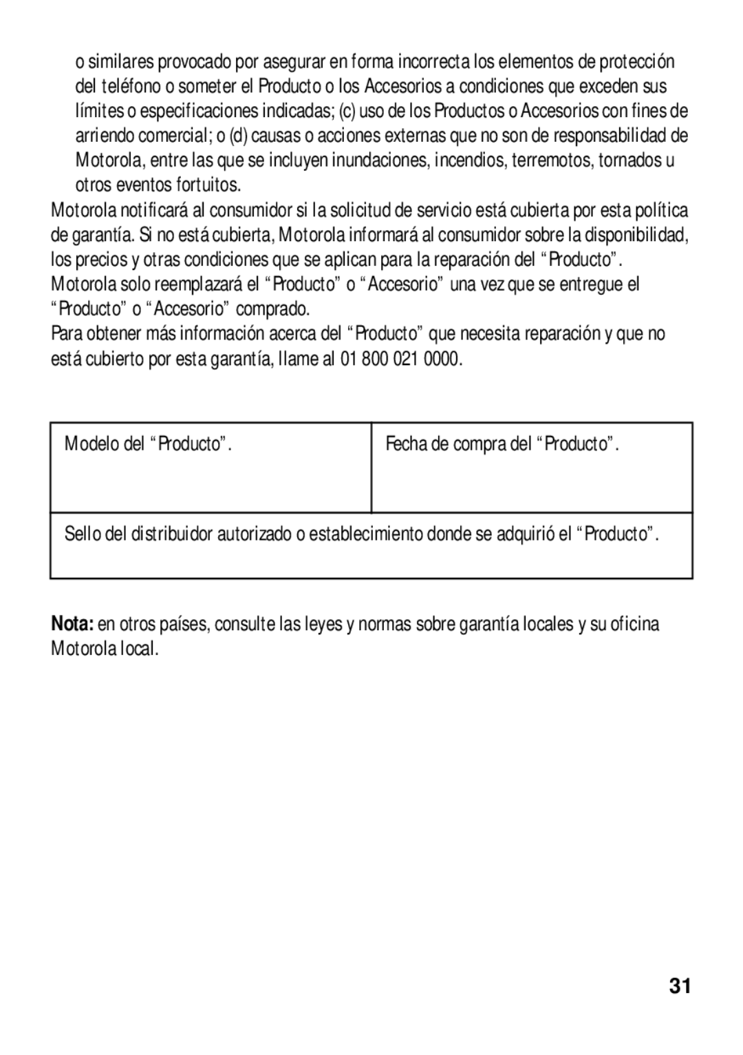 Motorola 89484N manual Modelo del Producto Fecha de compra del Producto 