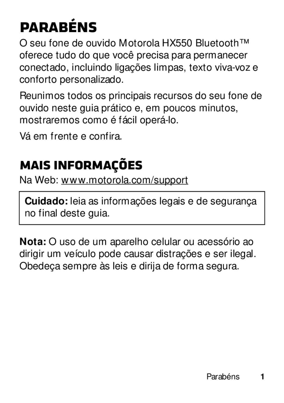 Motorola 89484N manual Parabéns, Mais informações 