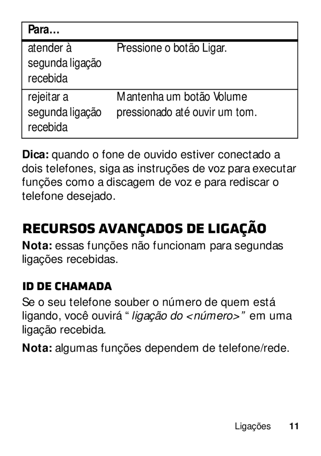 Motorola 89484N manual Recursos avançados de ligação, ID de Chamada 