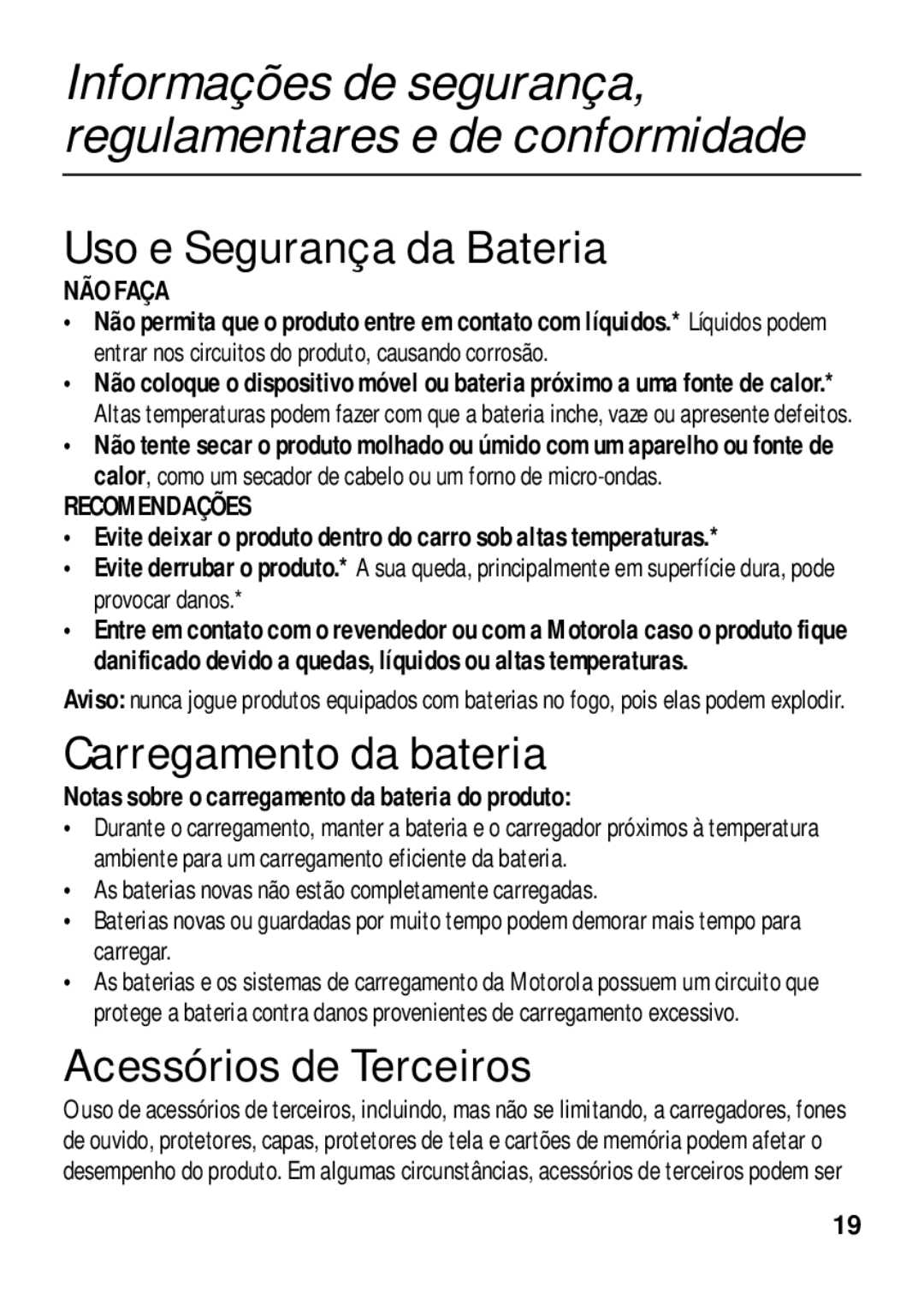 Motorola 89484N manual Uso e Segurança da Bateria, Carregamento da bateria, Acessórios de Terceiros 