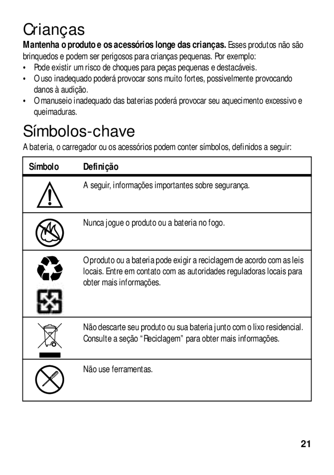 Motorola 89484N manual Crianças, Símbolos-chave, Símbolo Definição 