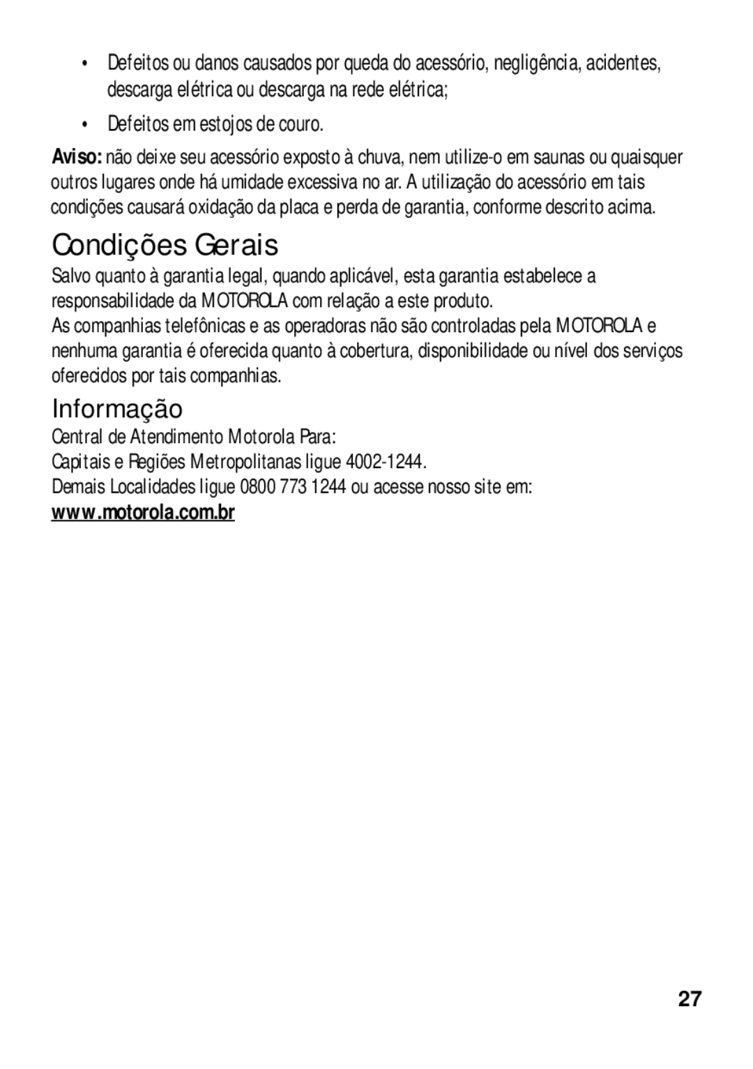 Motorola 89484N manual Condições Gerais, Defeitos em estojos de couro 