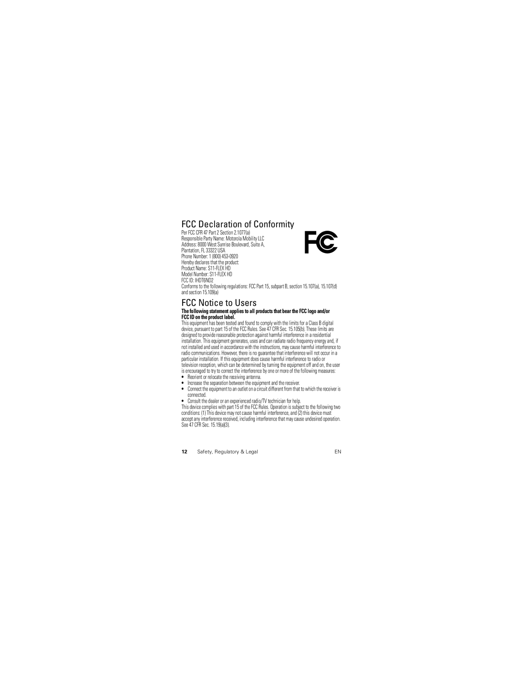 Motorola 89585N manual FCC Declaration of Conformity, FCC Notice to Users, Reorient or relocate the receiving antenna 