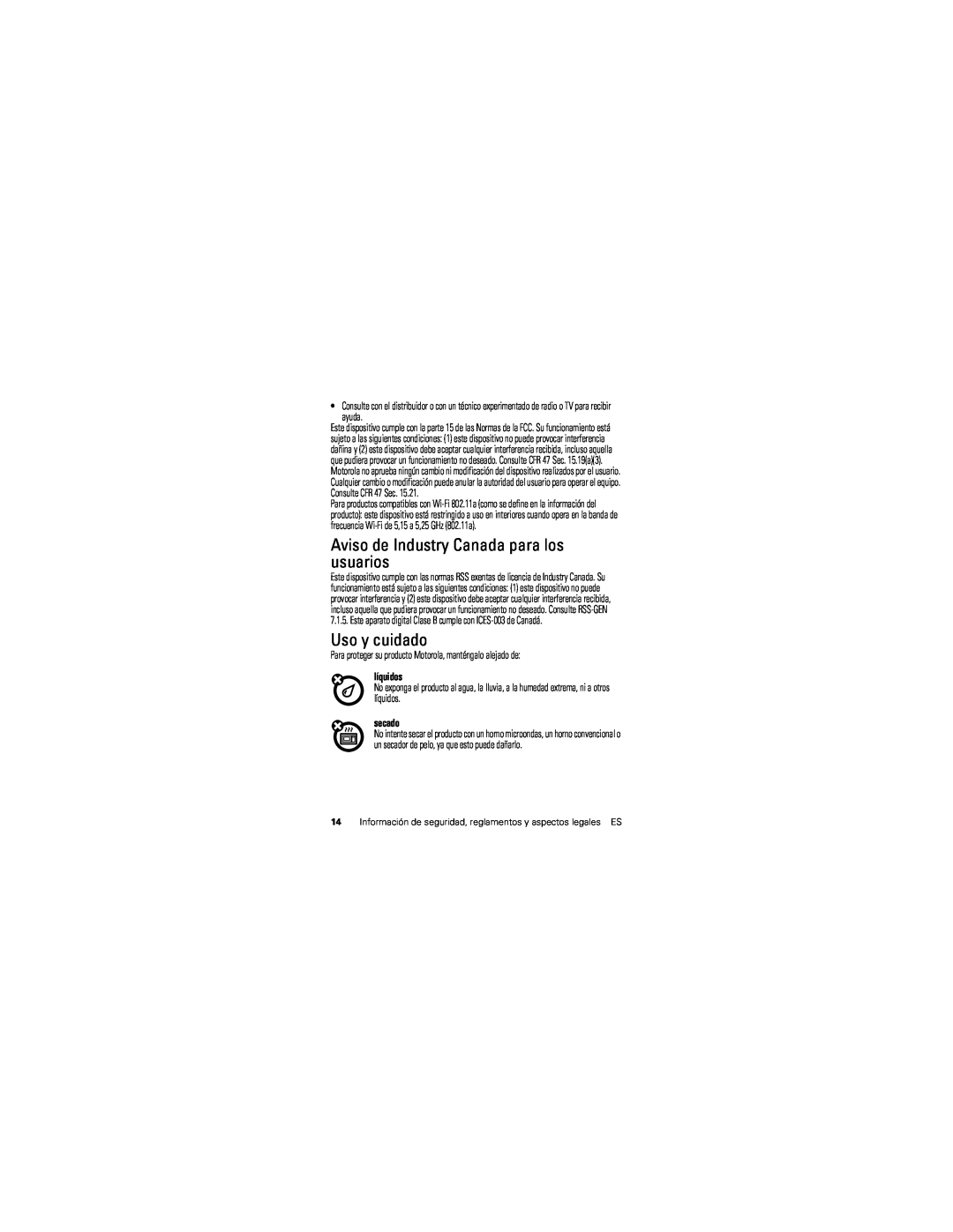 Motorola 89585N manual Aviso de Industry Canada para los usuarios, Uso y cuidado, líquidos, secado 