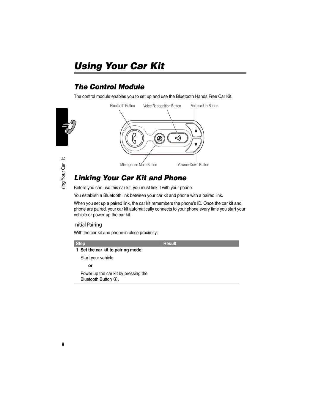 Motorola 89589N manual Using Your Car Kit, Control Module, Linking Your Car Kit and Phone, Initial Pairing 