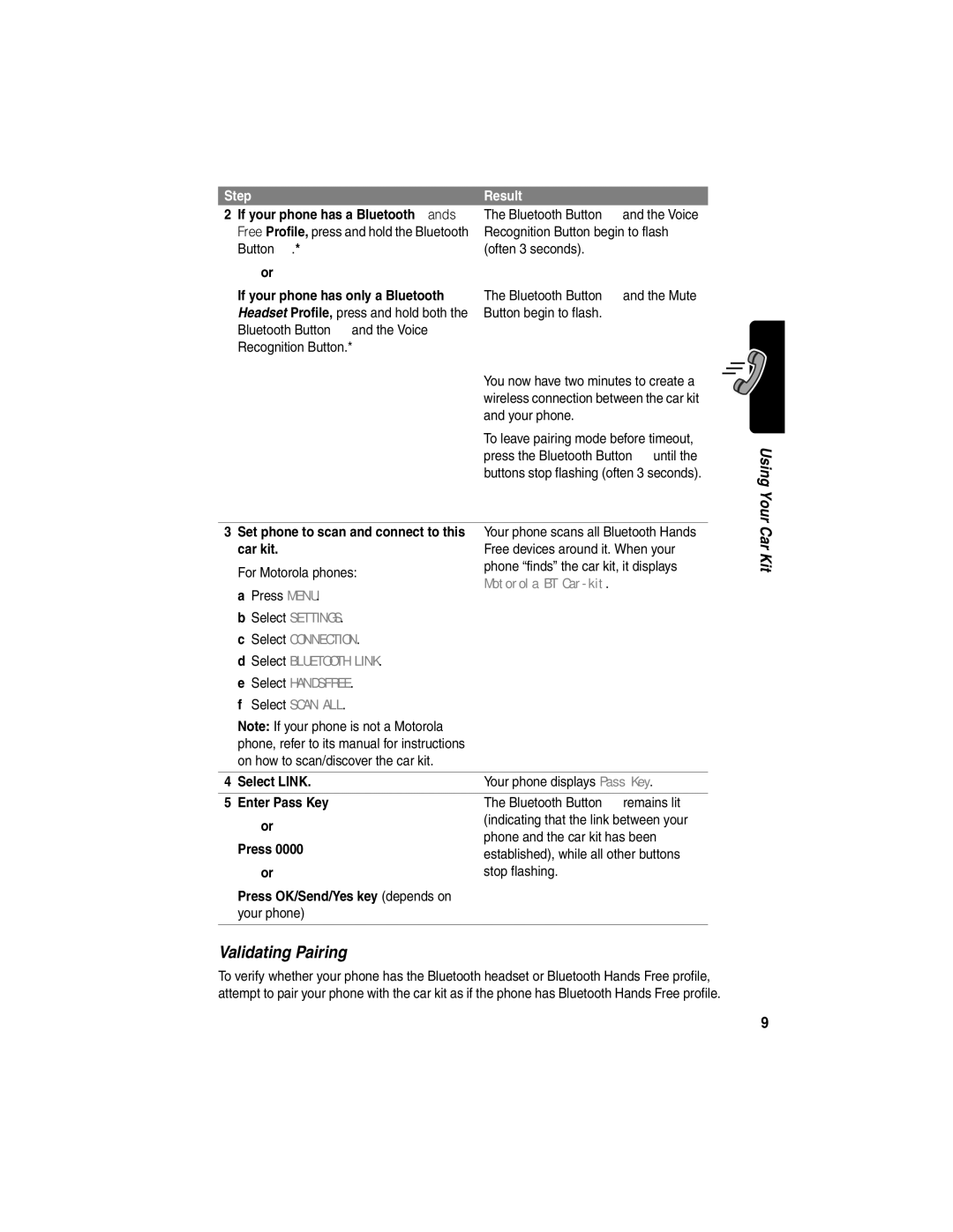 Motorola 89589N manual Validating Pairing, Using, Your Car Kit 