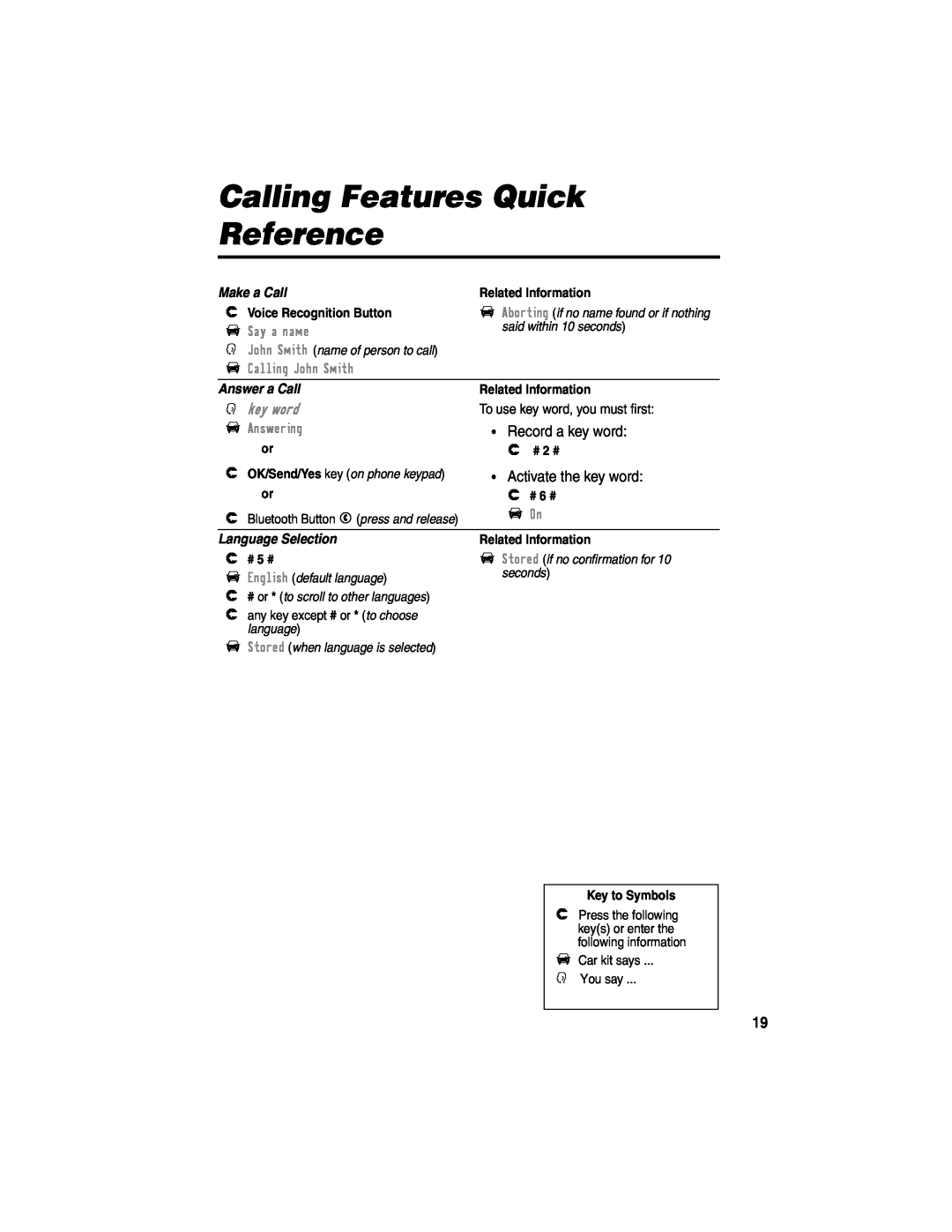 Motorola 89589N Calling Features Quick Reference, Make a Call, Answer a Call, Language Selection, Gkey word, F On, H # 2 # 